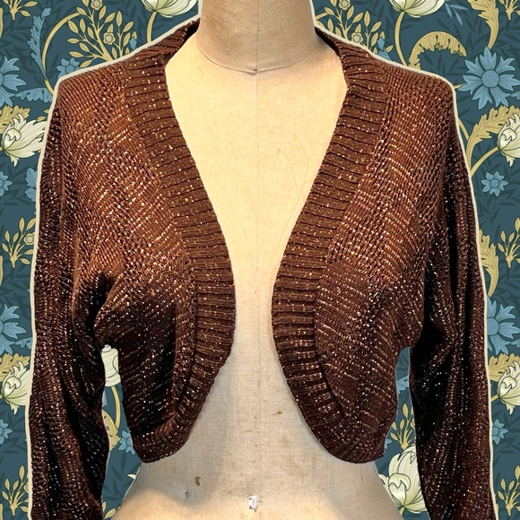 Vintage Sweaters - VINTAGE metallic gold bolero knit sweater cropped cardigan dolman sleeve 70s 80s